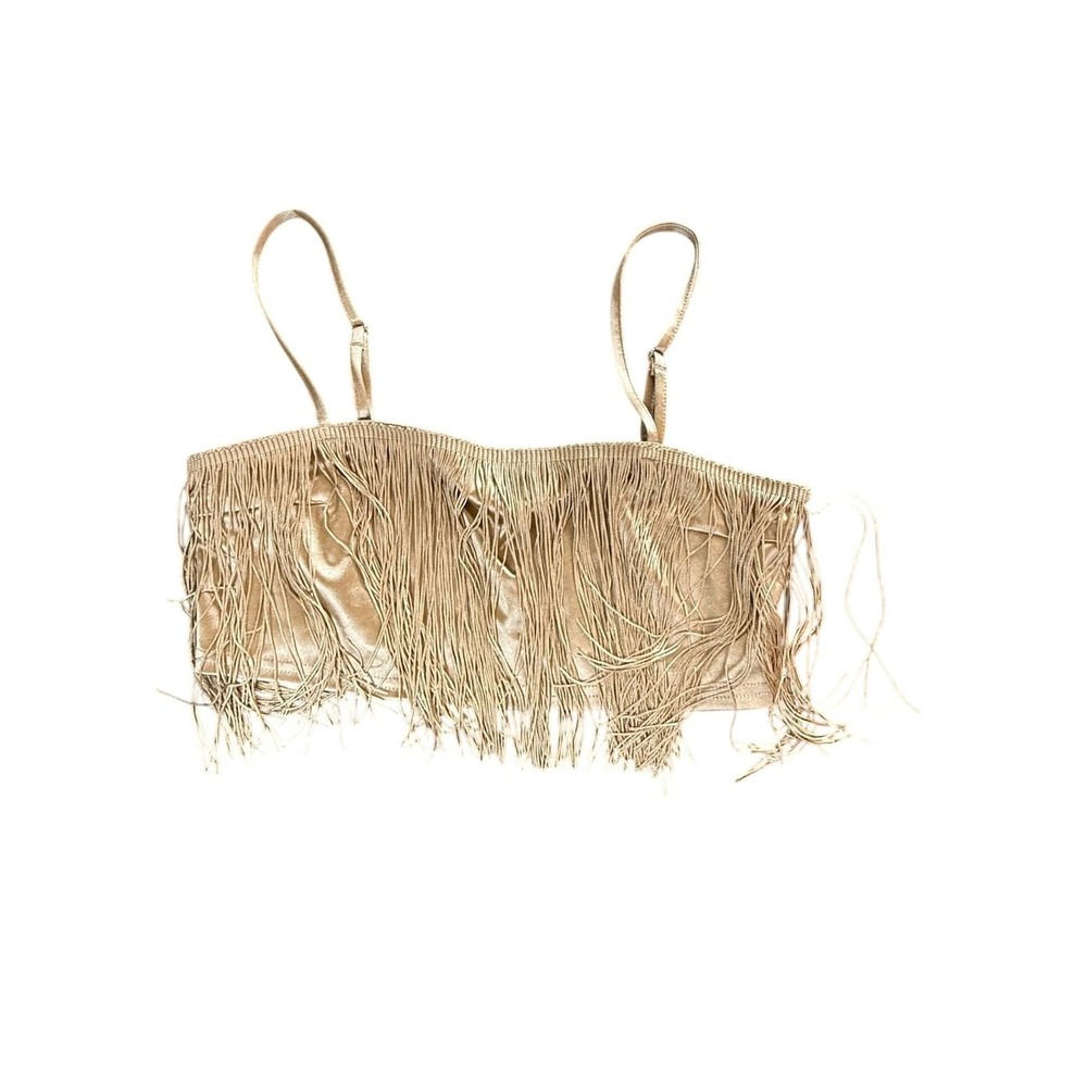 Forever 21 Fringe Cami Crop Top Womens Small Gold Metallic Festival Boho
